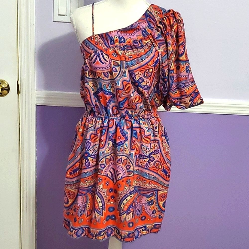 Angie Colorful Paisley One Shoulder Bat Sleeves Flowy Mini Dress Boho Party M